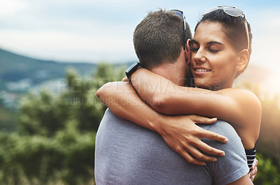 Buy stock photo Relax, love or happy couple hug in nature for date, support or care in summer or park with freedom. Embrace, romantic man or calm woman on outdoor holiday vacation together to bond or travel in USA