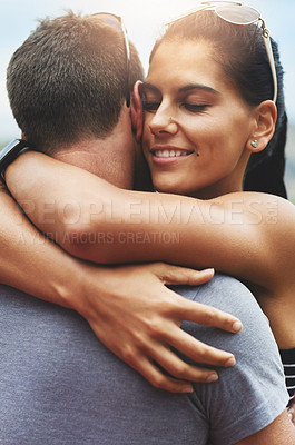 Buy stock photo Support, love or couple hug on outdoor date for romance or care in summer with freedom to relax. Embrace, peace or romantic man or happy woman on holiday vacation together to bond or travel in USA