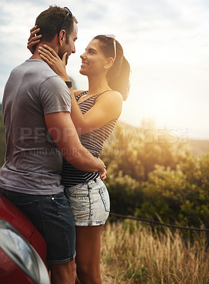 Buy stock photo Road trip, love or happy couple hug in nature for date, support or care on a summer break or park adventure. Freedom, man or woman on outdoor holiday vacation together to bond, relax or travel in USA