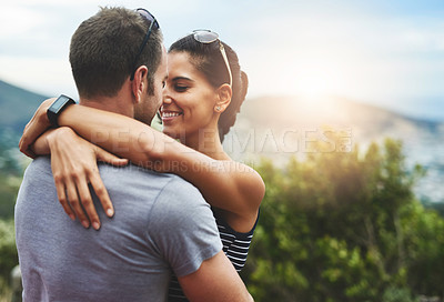 Buy stock photo Smile, love or happy couple hug in park for date, support or care in nature with peace, bond or freedom. Embrace, romantic man or woman on outdoor holiday vacation together to relax or travel 