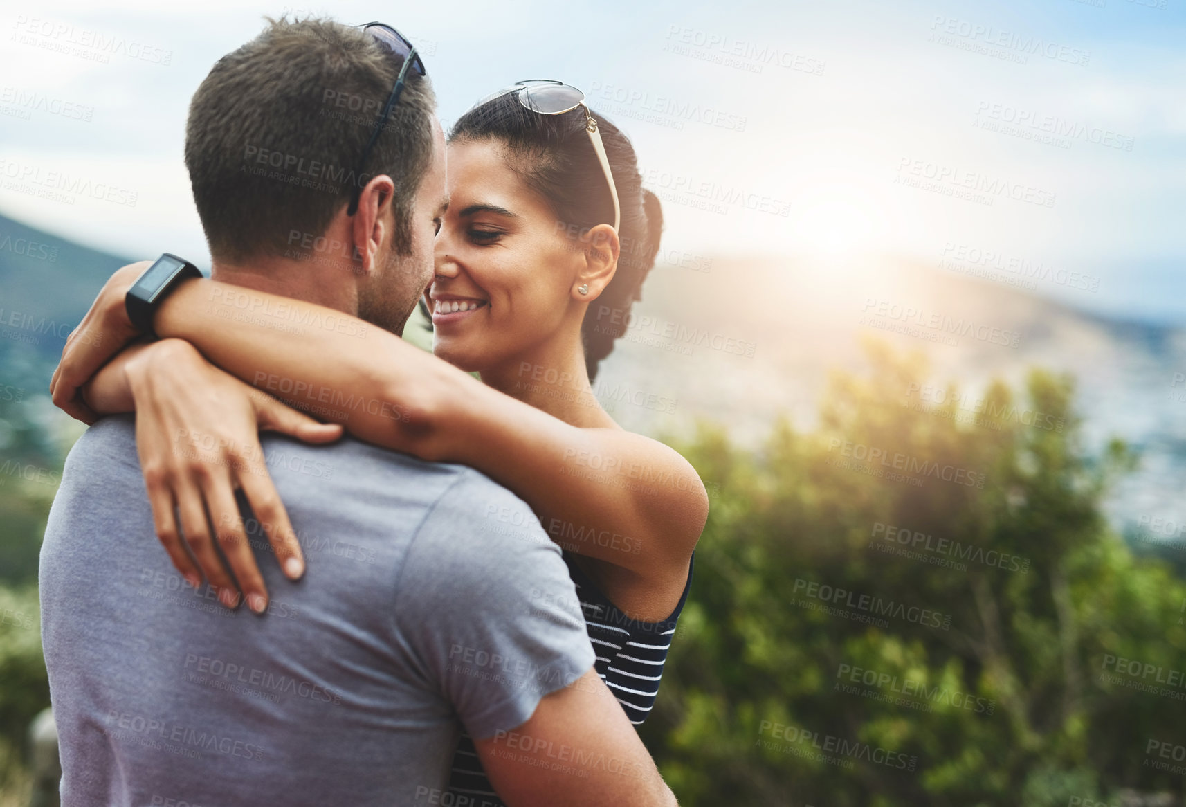 Buy stock photo Smile, love or happy couple hug in park for date, support or care in nature with peace, bond or freedom. Embrace, romantic man or woman on outdoor holiday vacation together to relax or travel 