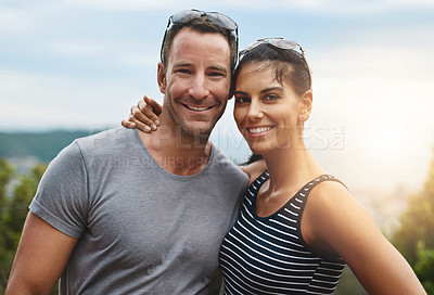 Buy stock photo Portrait, hug and couple with adventure, outdoor and lens flare with happiness, love and wellness with fun. Face, man carrying woman or journey with hiking, smile and outside with freedom and embrace