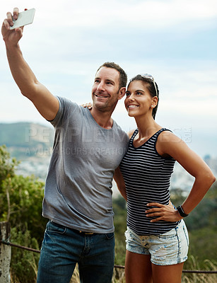 Buy stock photo Smile, selfie and couple in nature outdoor for freedom on summer vacation together. Happy man, woman and picture in countryside for connection, memory of love and healthy relationship on adventure