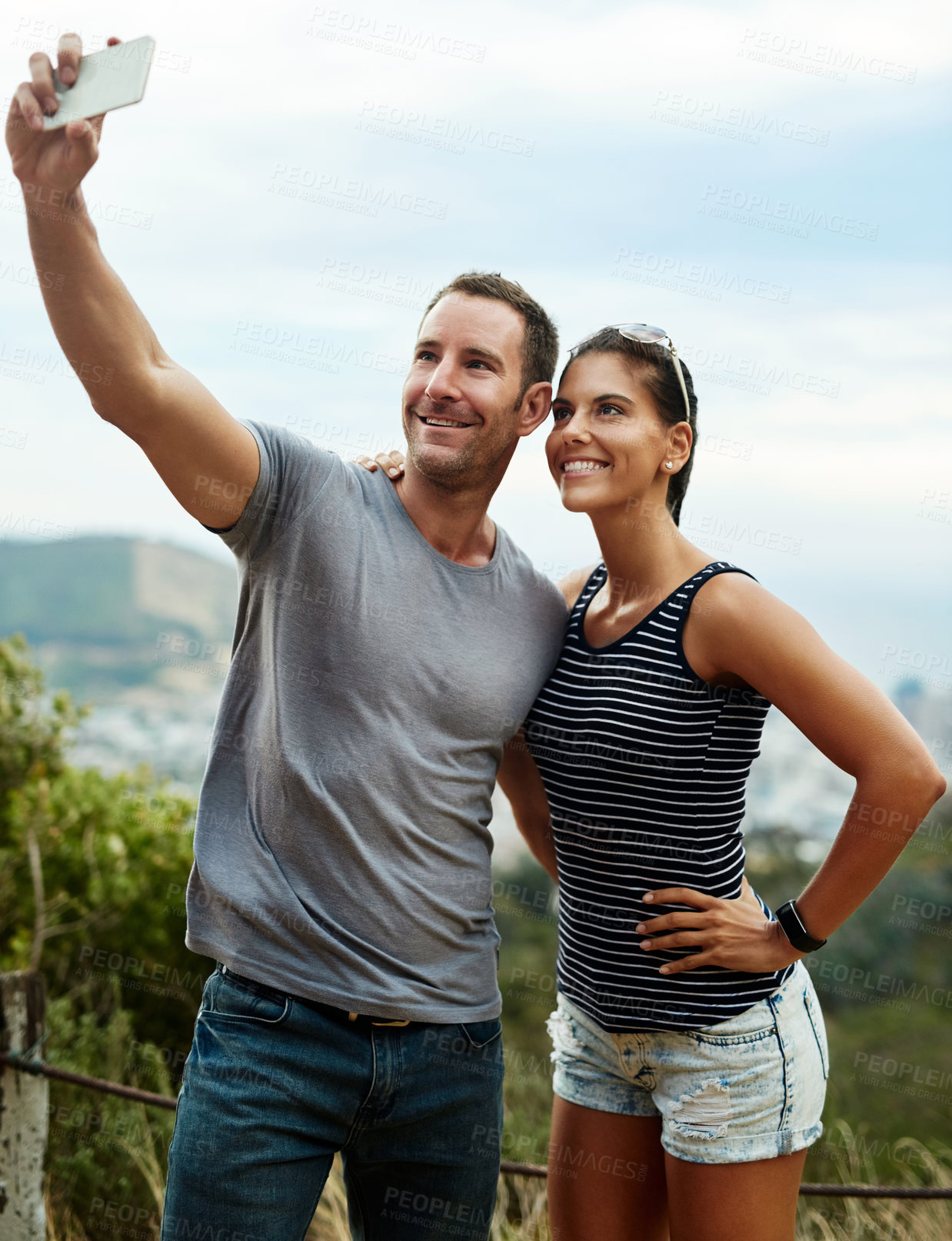 Buy stock photo Smile, selfie and couple in nature outdoor for freedom on summer vacation together. Happy man, woman and picture in countryside for connection, memory of love and healthy relationship on adventure