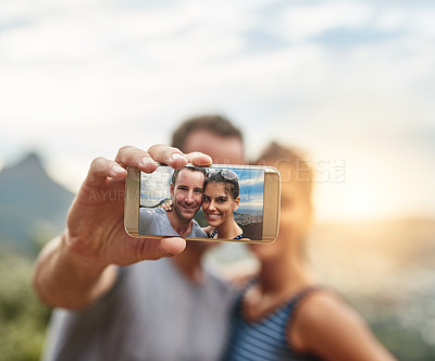 Buy stock photo Phone screen, selfie and portrait of happy couple in nature outdoor on summer vacation together. Smartphone, face and picture of man and woman in park for connection, memory of love and relationship