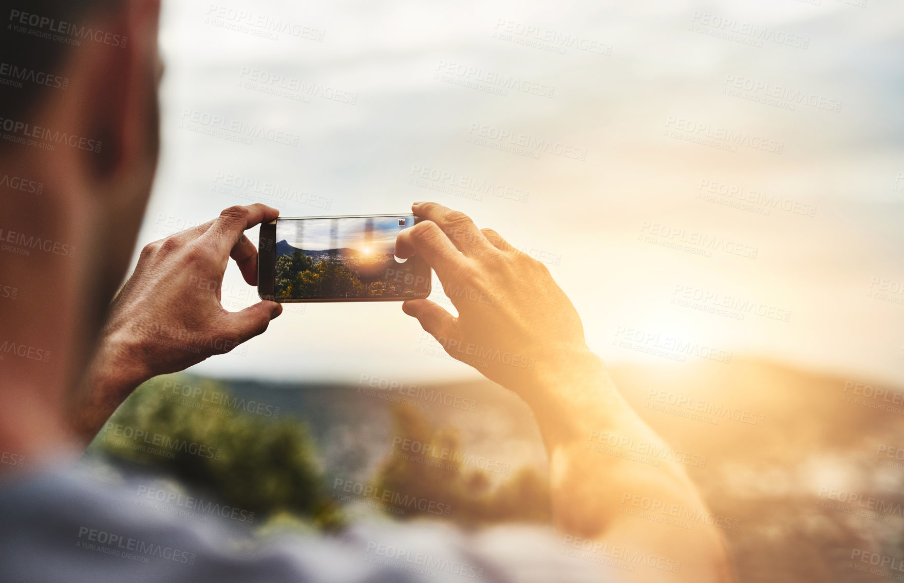 Buy stock photo Sunset, photography and hands of man with phone, screen and post on social media of nature, landscape or sun. Cellphone, photo and person with tech for memory of vacation, holiday or outdoor view 