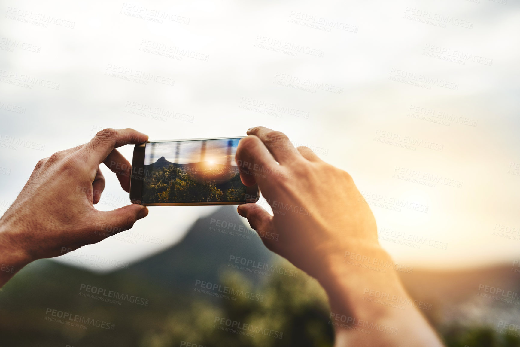 Buy stock photo Sunset, photography and hands of person with phone, screen and social media post of nature, landscape or sun. Cellphone, photo or man with tech for memory of vacation, holiday or outdoor view 