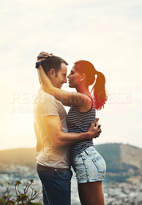 Buy stock photo Love, mockup or happy couple hug on outdoor date for trust with support, bond or care. Romantic man, space or woman on holiday vacation together to celebrate, relax or travel in summer or USA