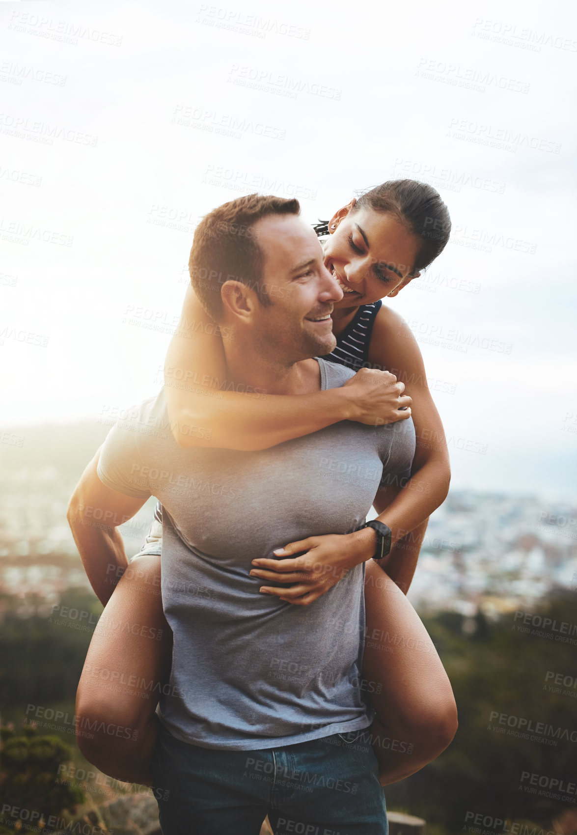 Buy stock photo Love, piggyback or happy couple hiking in nature on outdoor date for care with support, loyalty or trust. Romantic man, wellness or woman on holiday vacation together to relax or smile in park