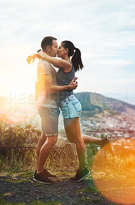 Buy stock photo Kiss, hiking or couple hug in nature on outdoor date for love with support, loyalty or summer in park. Romantic man, wellness or woman on holiday vacation together to celebrate, relax or travel