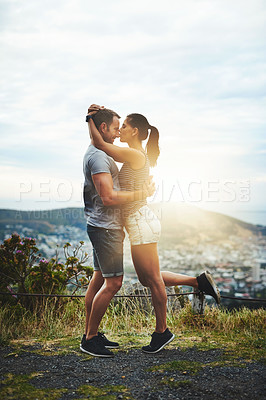 Buy stock photo Kiss, mockup or happy couple hug in nature on outdoor date for love with support, loyalty or freedom. Romantic man, affection space or woman on holiday vacation together to relax or travel in USA