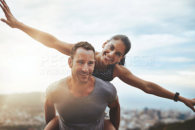 Buy stock photo Portrait, piggy back and couple with happiness, outdoor and lens flare with freedom, love and adventure. Face, man carrying woman and journey with health, fun and outside with wellness and vacation