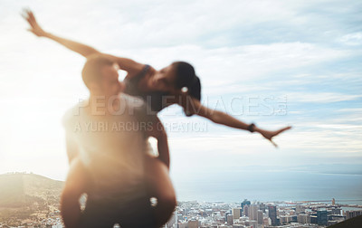 Buy stock photo Space, piggyback or happy couple hiking on outdoor date for care with support, loyalty or freedom. Romantic man, sky mockup blur or woman on holiday vacation together to relax for wellness in city