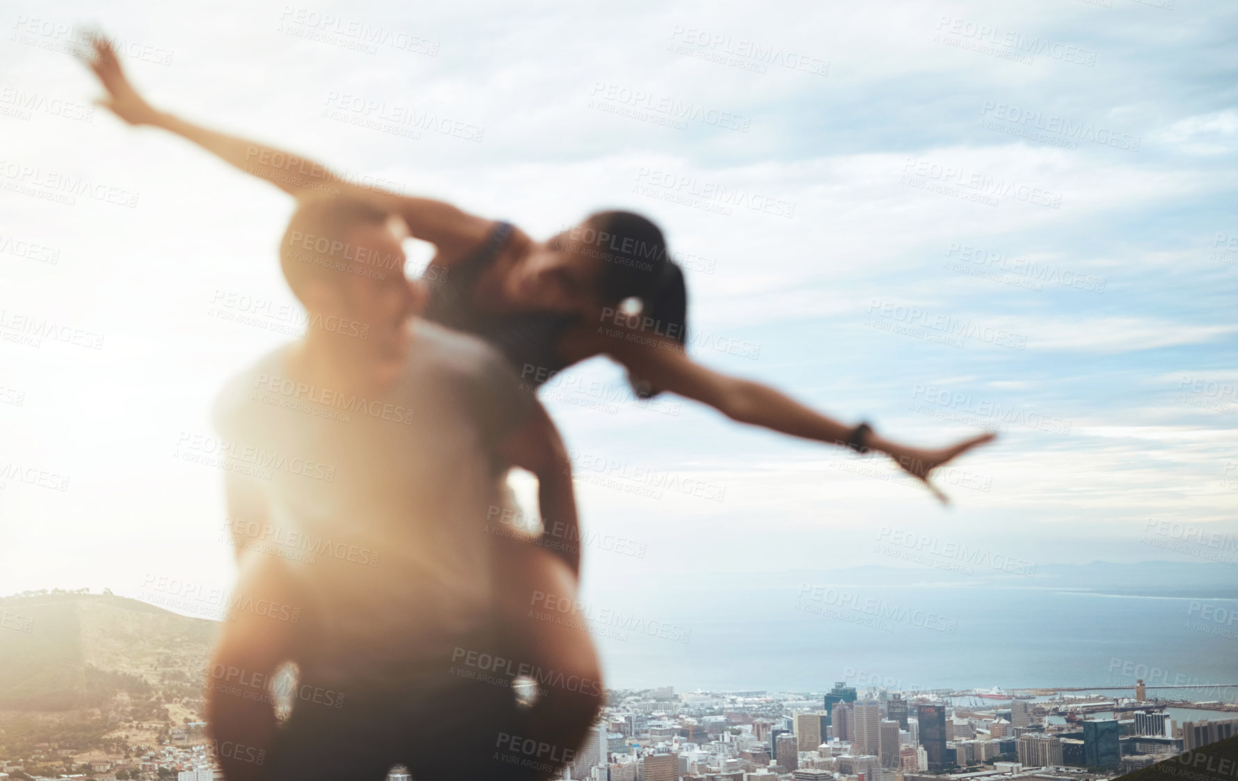 Buy stock photo Space, piggyback or happy couple hiking on outdoor date for care with support, loyalty or freedom. Romantic man, sky mockup blur or woman on holiday vacation together to relax for wellness in city