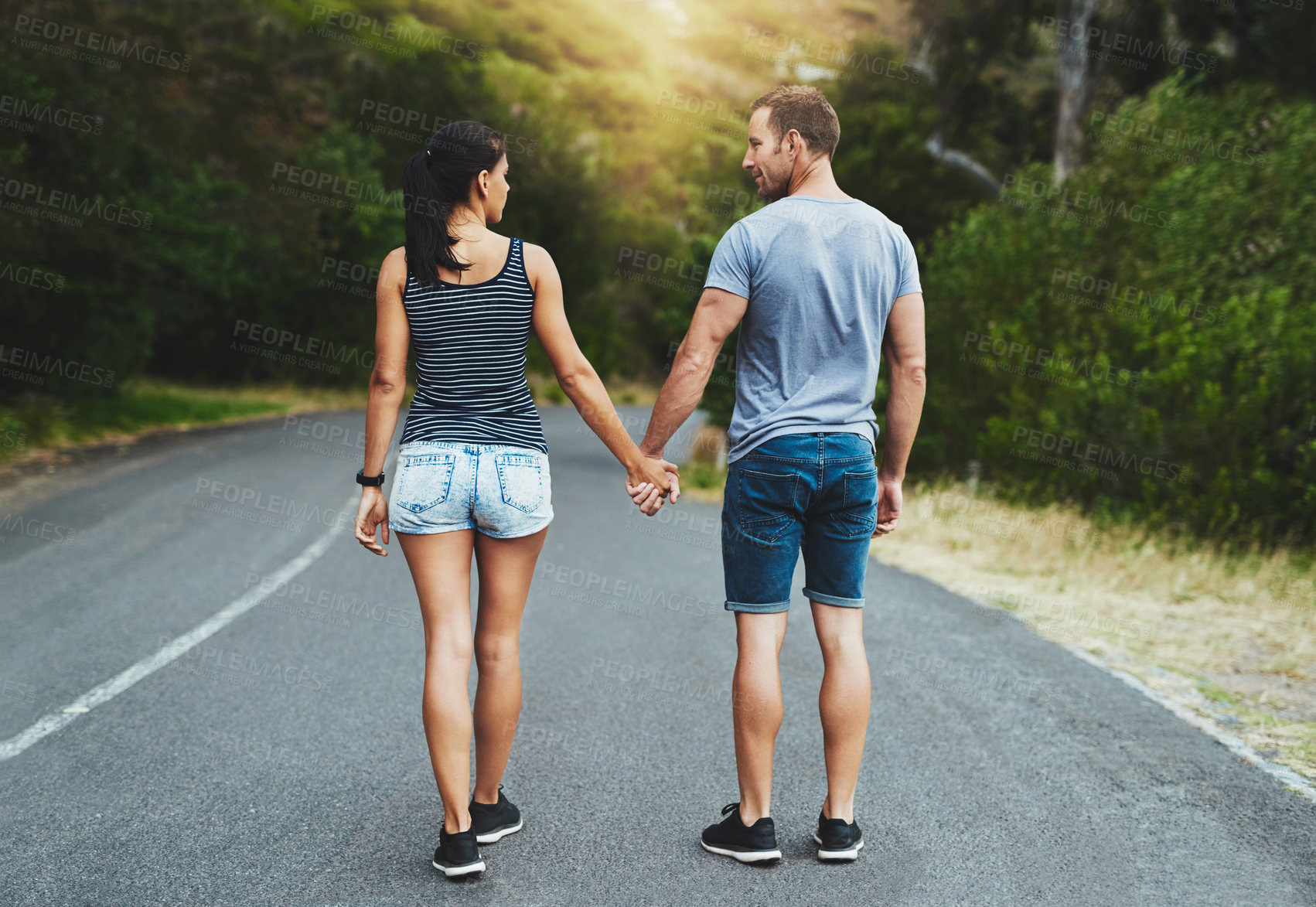 Buy stock photo Street, love or happy couple holding hands or walking on date with trust, care for romance or adventure. Loyalty, road or man with woman on holiday vacation together for bond, support or wellness