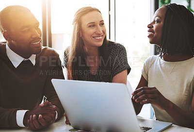 Buy stock photo Business people, conversation and laptop with diversity and planning with strategy in office. Database administrator training, communication and online with management talk and working on project