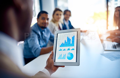 Buy stock photo Tablet, screen and business people planning with charts, graphs and statistics for productivity growth. Data analysis, men and women with digital app for performance review, development or meeting