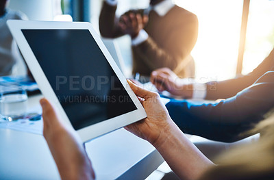 Buy stock photo Meeting, tablet screen and hands of business people in office for planning, online networking and internet. Mockup, corporate teamwork and person on digital tech for research, website and report