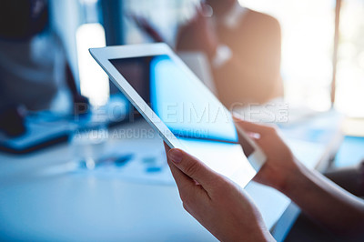 Buy stock photo Corporate, tablet and hands of business people in meeting for planning, online networking and internet. Mockup screen, teamwork and person on digital tech for research project, website and report