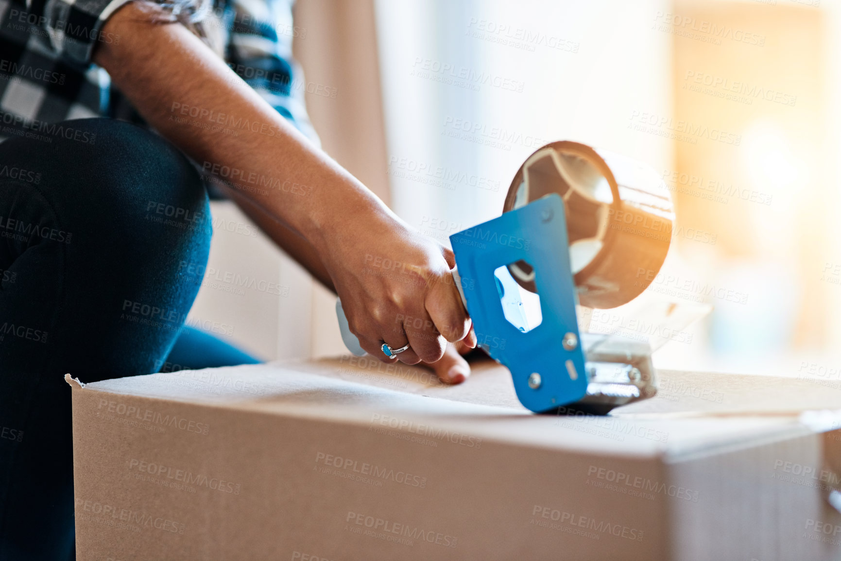 Buy stock photo Hand, tape and box for moving to new home with safety, logistics and container with real estate investment. Person, cardboard and packaging with cargo, storage and prepare for property in apartment