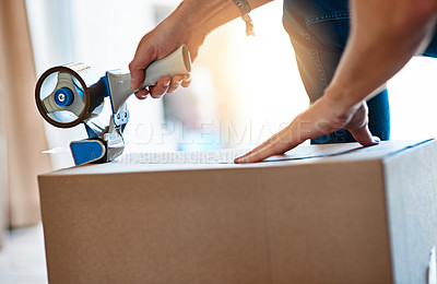 Buy stock photo Closeup, cardboard and man  with tape, box and move with items, home and shipping parcel. Zoom, male person and guy with tool, seal package or hands with products, closing or relocation with property