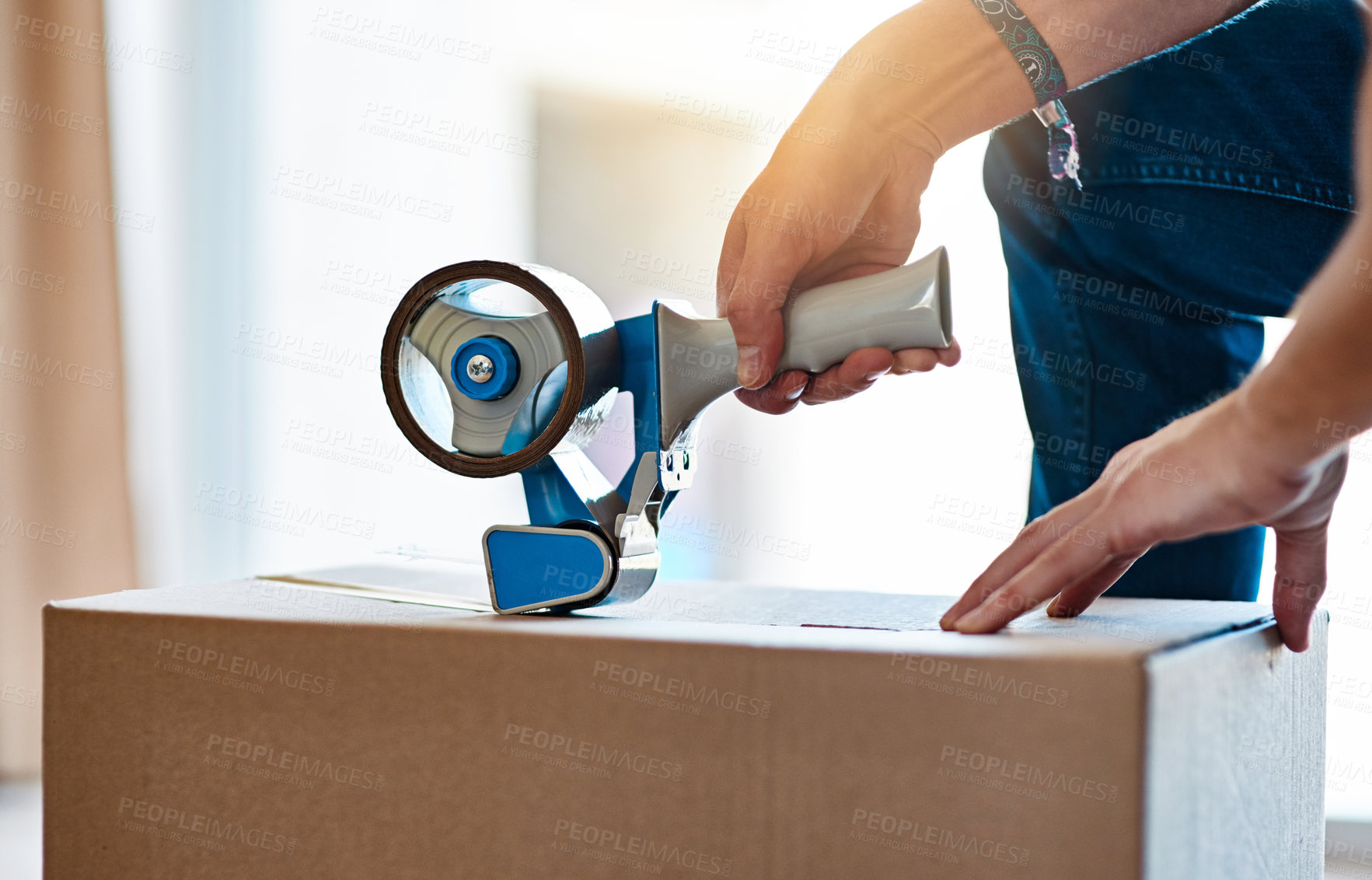 Buy stock photo Hand, tape and package for moving to new house with safety, logistics and container with real estate investment. Person, cardboard and box with cargo, storage and prepare for property in apartment