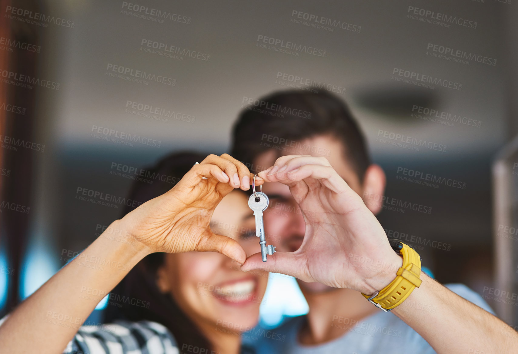Buy stock photo New house, heart in hands and couple with keys for property, moving day and home investment. Homeowner, real estate and happy man and woman with keychain for mortgage, purchase and rental apartment
