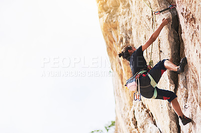 Buy stock photo Rock climbing, rock and woman in nature for sport, mountain and adventure on cliff. Rope, explore or safety with harness and equipment for female person, hobby and challenge on boulder mockup