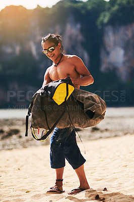 Buy stock photo Man, beach and bag for equipment and adventure, nature and walk for rock climbing tools. Safety, sport and mountain for exercise and training for extreme hobby, male person and fitness with gear