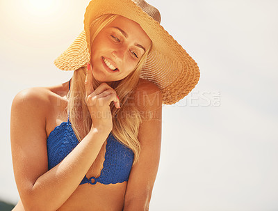 Buy stock photo Girl, thinking and bikini on beach in summer with hat for tropical vacation or trip, happy and relax with sunshine. Woman, swimsuit and blue sky in outdoor in California for holiday, break and travel