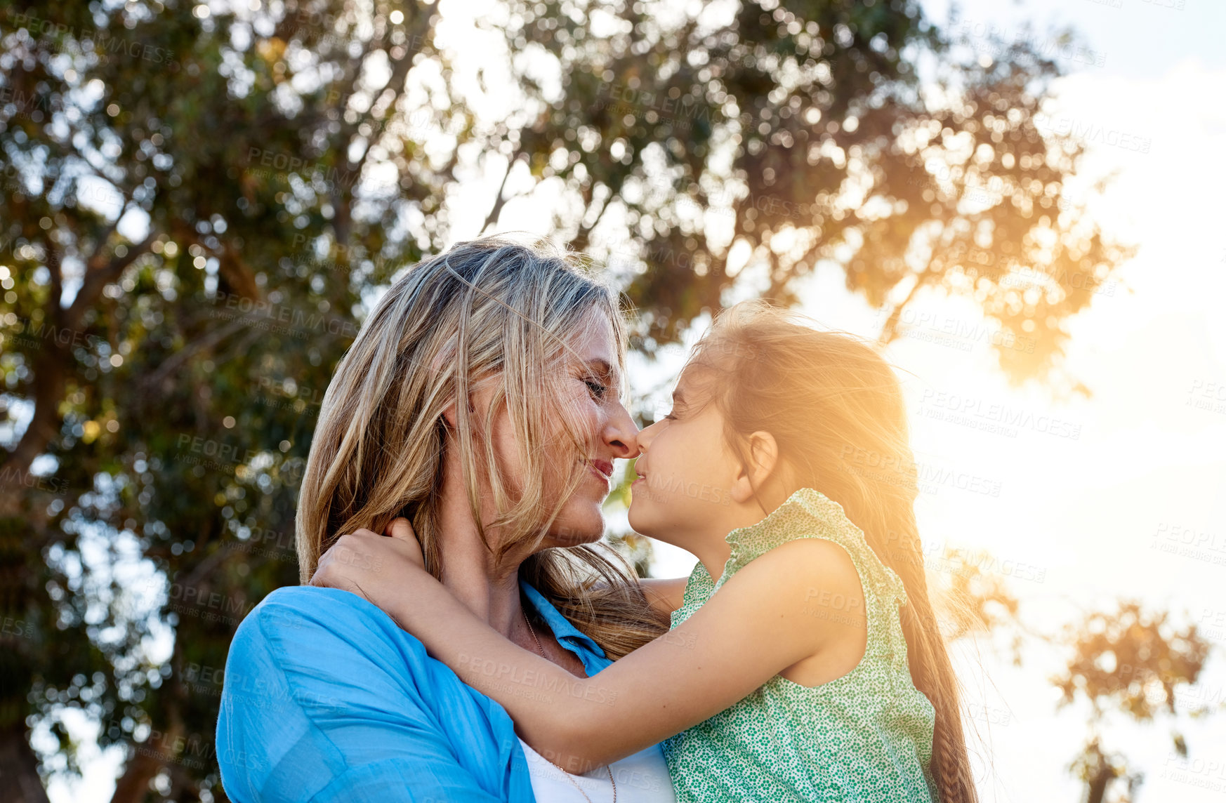 Buy stock photo Woman, girl and love in backyard for support, care and holiday in countryside with family. Sunshine, mother and child in garden with happiness for springtime, vacation and together in nature 