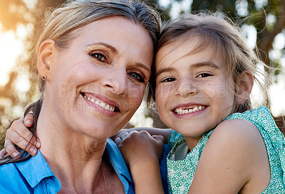 Buy stock photo Mother, girl and park with smile for wellness on vacation, family bonding with trust. Woman, child and together in nature with portrait and happiness, growth and development on holiday in England