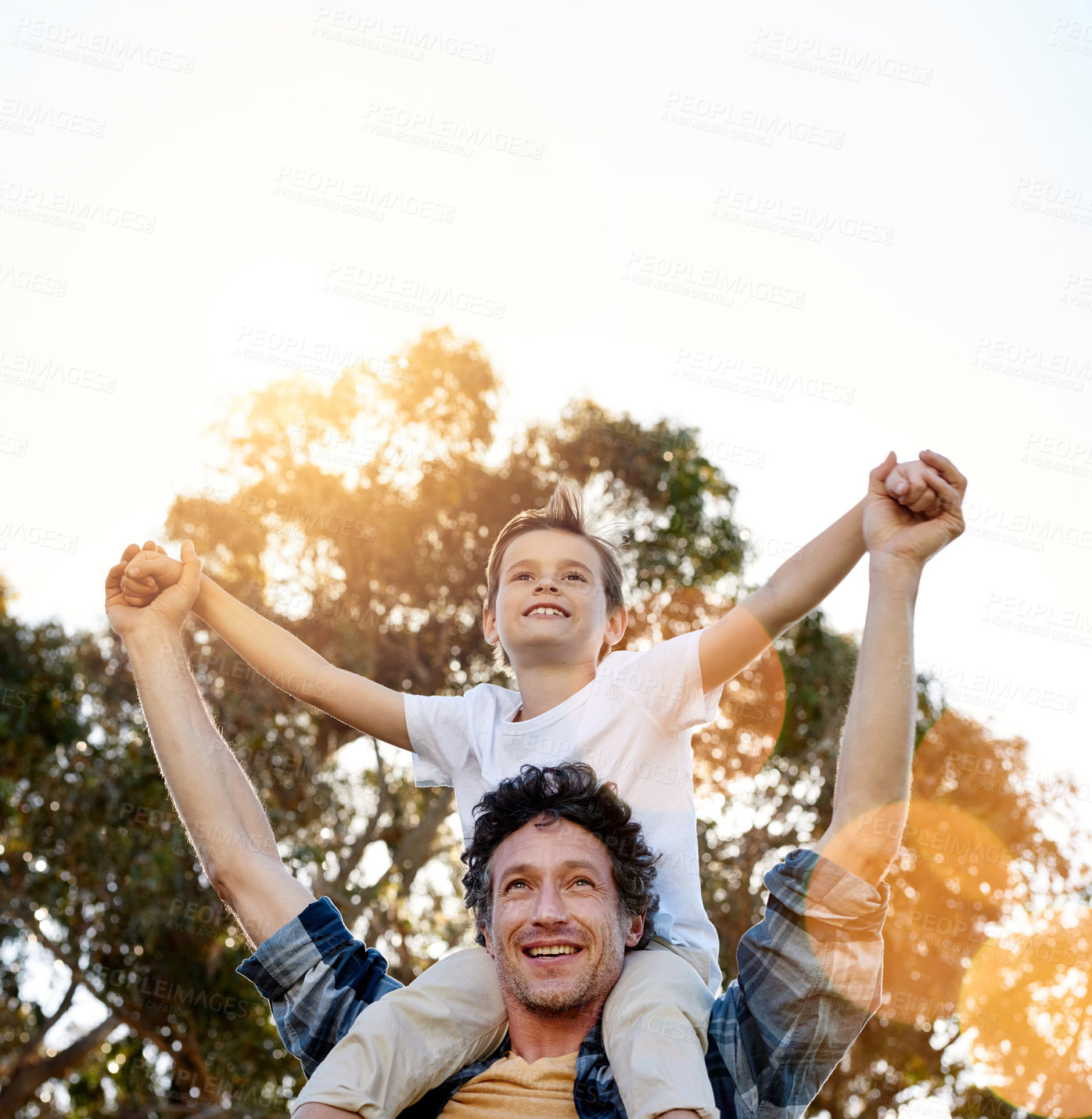 Buy stock photo Airplane, love or father and son with piggyback fun in park for bonding on sunset adventure in nature. Flying, support or happy boy child with dad in forest for learning, balance or shoulder games