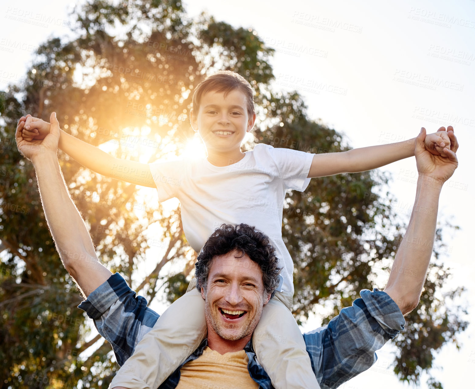 Buy stock photo Airplane, portrait or father and son with piggyback fun in park for bonding games on sunset adventure in nature. Flying, support or excited boy child with dad in forest for learning, balance or love
