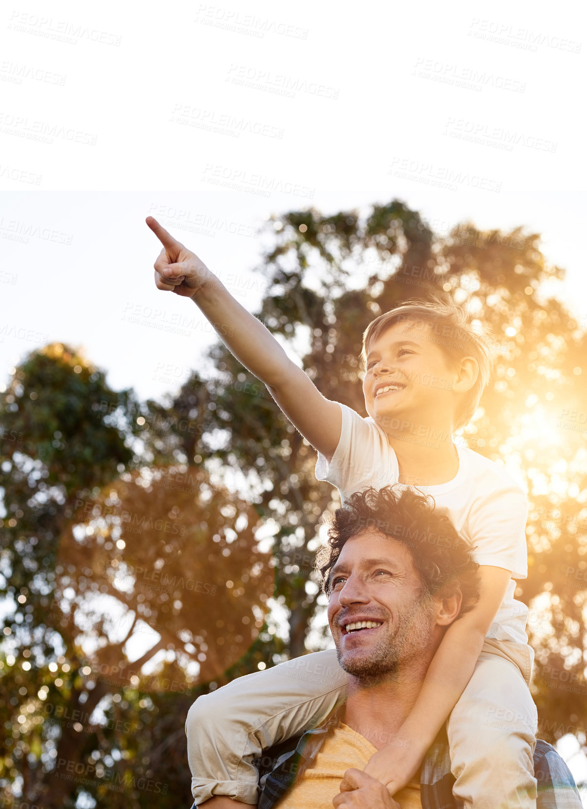 Buy stock photo Happy, father and boy child on shoulder pointing outdoor together on weekend for bonding, development and love. Smiling, man and son outside playing in nature for adventure, courage and relationship