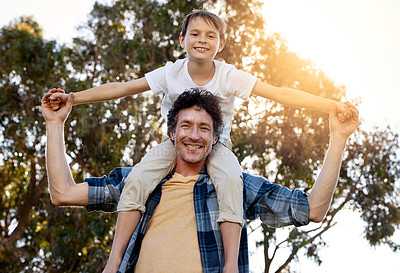 Buy stock photo Portrait, love or father and son with piggyback airplane in park for bonding on sunset adventure in nature. Flying, support or boy child with dad in forest for learning, balance or shoulder games