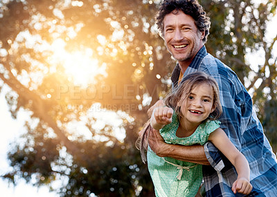 Buy stock photo Father, portrait and daughter playing plane outdoor with happiness for summer or holiday as family. Man, girl and smile by tree in garden with fun for freedom, love and fun together as superhero