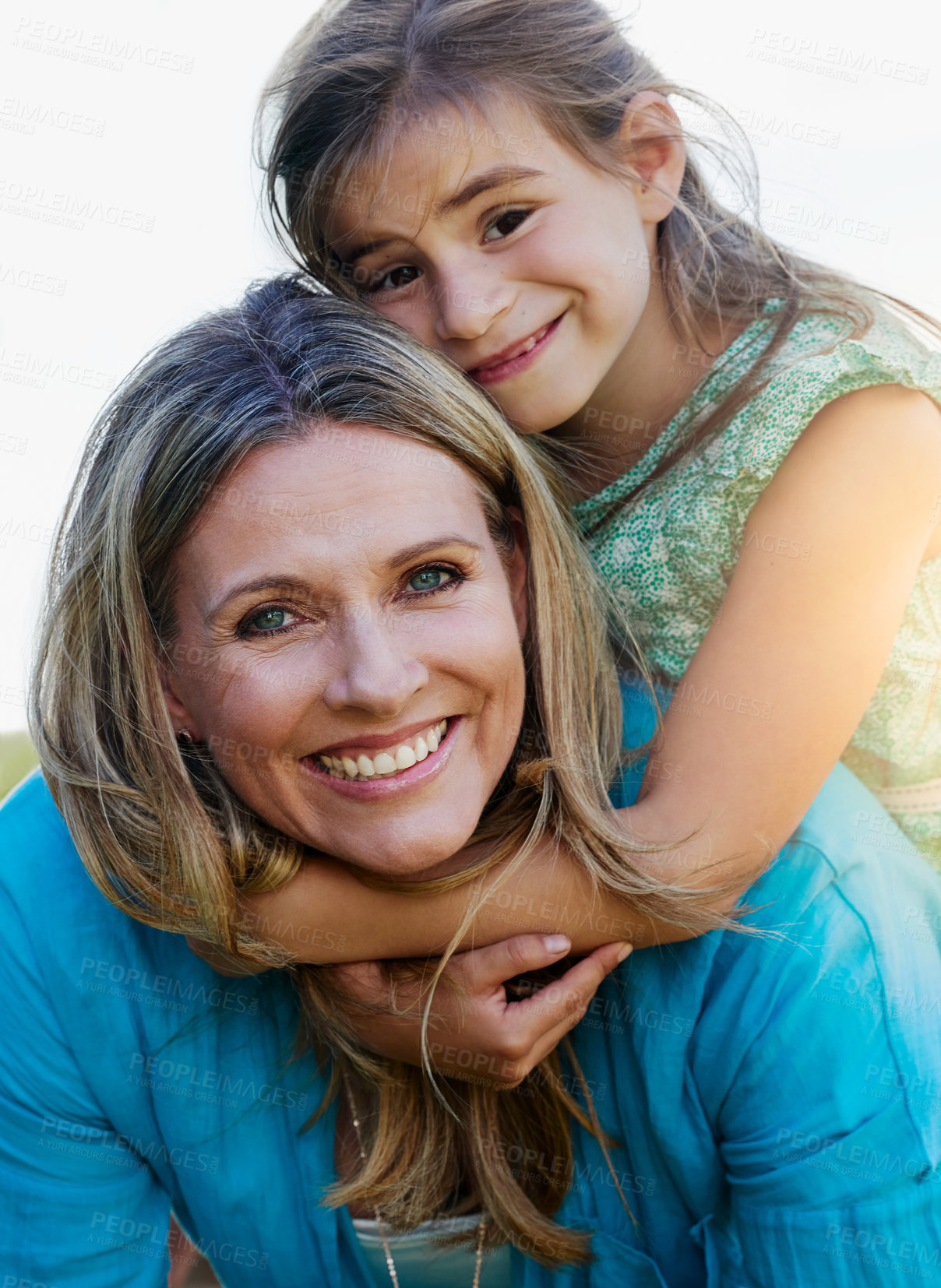 Buy stock photo Outdoor portrait, piggyback and mom with girl for love relationship, family bond together and smile for parent support. Hug, nature and mother with young child for happiness and relax with fun game