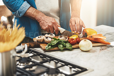 Buy stock photo Cooking, hands and man cutting vegetables in the kitchen for diet, healthy or nutrition dinner. Recipe, closeup and mature male person from Canada chop ingredients for a supper or lunch meal at home.