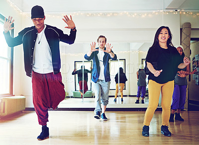 Buy stock photo Hiphop, class and friends dance together, talent and performance and movement art practice for competition. Dancer, music and culture with diversity group with energy, fun and expression for joy