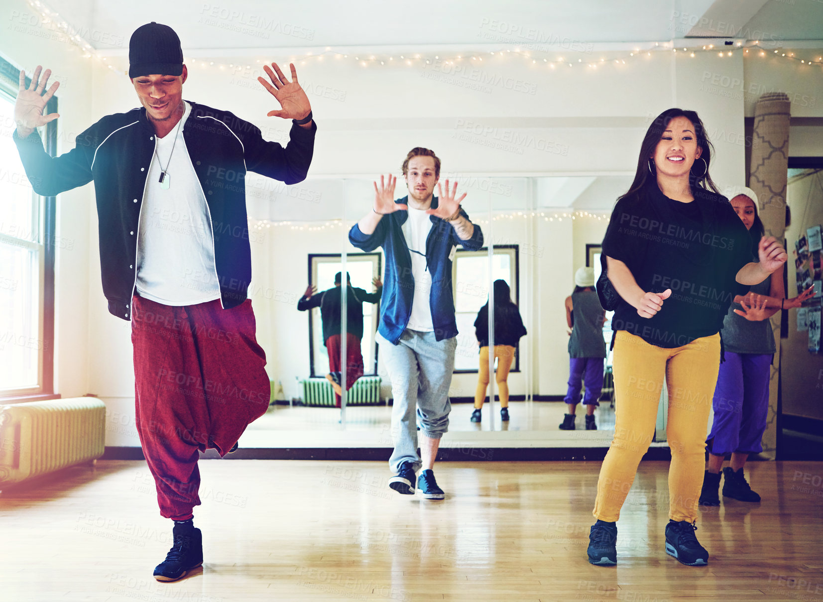 Buy stock photo Hiphop, class and friends dance together, talent and performance and movement art practice for competition. Dancer, music and culture with diversity group with energy, fun and expression for joy