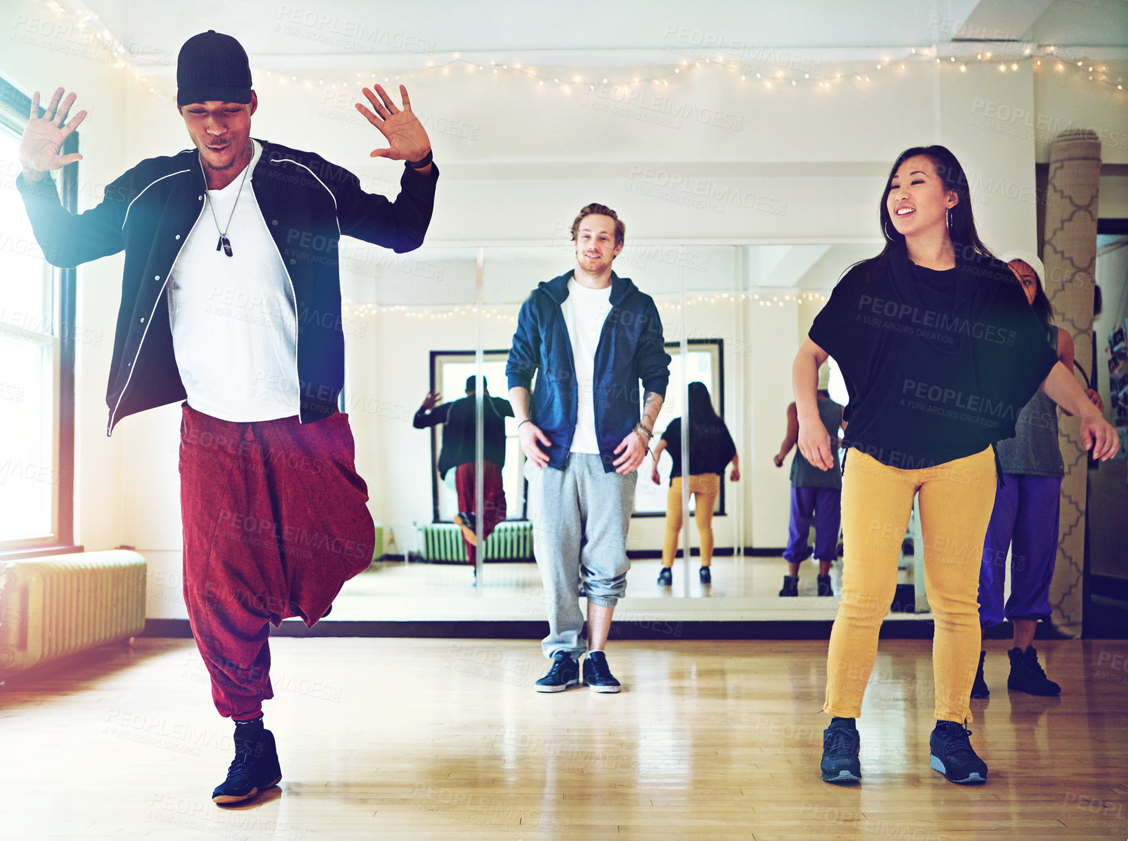 Buy stock photo Hiphop, class and group dance together, talent and performance and movement art practice for competition. Dancer, music and culture with diversity friends with energy, fun and expression for joy