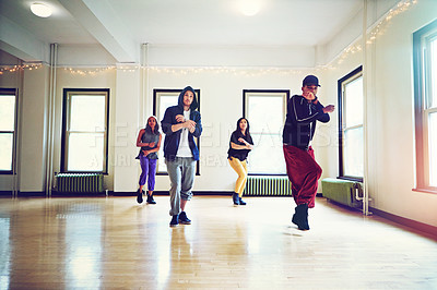 Buy stock photo Breakdance, culture and team in dance studio with group for rehearsal or practice with energy for event. People, training and creative expression with hip hop for competition in Canada with pride