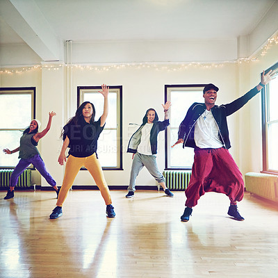 Buy stock photo Fitness, dancer group and hip hop for breakdance with friends to practice for performance in studio. People, team and dancing lesson to learn steps together in rehearsal for competition training