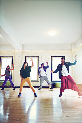 Buy stock photo Hiphop, practice and group dancing together, talent and performance and movement art class for competition. Dancer, music and culture with diversity friends with energy, fun and expression for joy