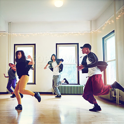 Buy stock photo Hiphop, class and group dance together, talent and performance and movement art practice for competition. Dancer, music and culture with diversity friends with energy, fun and expression for joy