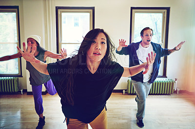 Buy stock photo Indoor, hip hop and dancing group for rehearsal, breakdance or action together for performance. Inside, practice or freestyle of talented people with skill, exercise or energy for entertainment
