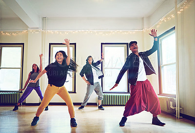Buy stock photo Hiphop, class and group dance with energy, talent and performance and movement art practice for competition. Dancer, music and  together for culture with diversity friends, fun and expression for joy