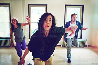 Buy stock photo Indoor, hip hop and dancing class for rehearsal, breakdance or action together for performance. Inside, practice or freestyle of talented people with skill, exercise or energy for entertainment