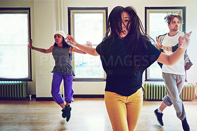Buy stock photo Indoor, hip hop and group of dancers for action, breakdance or performance together for rehearsal. Inside, practice or freestyle of talented people with skill, exercise or energy for entertainment